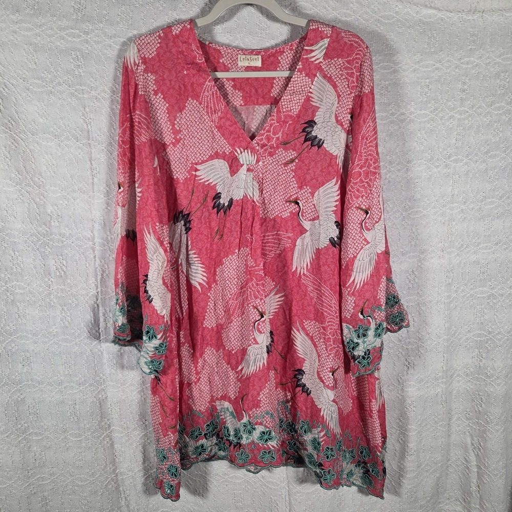 Lula Soul Tunic Dress Large Pink Crane Print Boho Embroidered Sleeve Cover Up